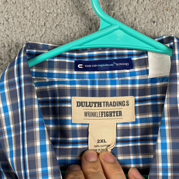 Duluth Trading Wrinkle Free Button Shirt Men's 2XL Blue Plaid Magnaready - Picture 6 of 11